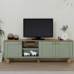 Meuble TV 3 portes vert sauge et plateau effet chêne VAREN