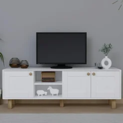Meuble TV 3 portes vert sauge et plateau effet chêne VAREN