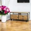 Meuble TV à roulettes 1 porte, 2 tiroirs, 2 niches en Hévéa recyclé naturel et métal 120x50x60cm LOFT