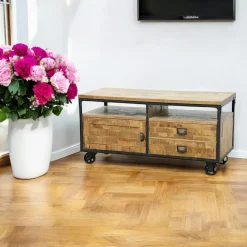 Meuble TV à roulettes 1 porte, 2 tiroirs, 2 niches en Hévéa recyclé naturel et métal 120x50x60cm LOFT