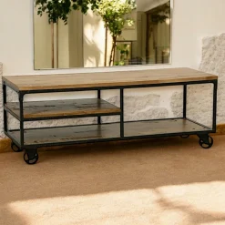 Meuble TV à roulettes double plateaux et étagére intermédiaire en Hévéa recyclé naturel et métal 140x50x52cm LOFT