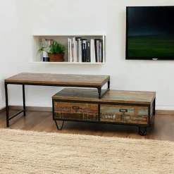 Meuble TV à roulettes en 2 parties, 3 tiroirs, 1 grand plateau en Hévéa recyclé coloré et métal 150x45x50cm LOFT COLORS