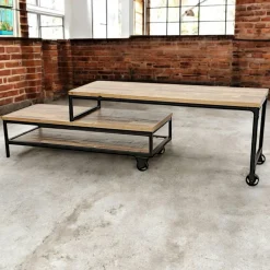 Meuble TV à roulettes en 2 parties, 3 grands plateaux en Hévéa recyclé naturel et métal 120x45x50cm LOFT