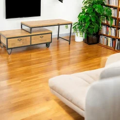 Meuble TV à roulettes en 2 parties, 3 grands plateaux en Hévéa recyclé naturel et métal 120x45x50cm LOFT