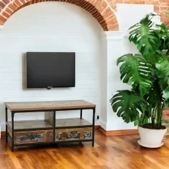 Meuble TV 3 tiroirs, 1 grande niche ouverte en Hévéa recyclé coloré et métal 150x45x50cm LOFT COLORS
