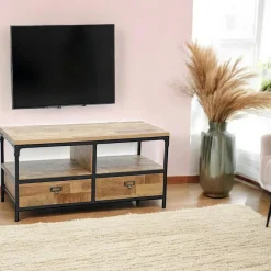 Meuble TV 2 tiroirs, 2 niches ouvertes en Hévéa recyclé naturel et métal 100x45x50cm LOFT