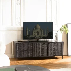 Meuble TV 2 tiroirs 2 portes motifs sculptés bois noir SURATE