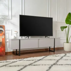 Meuble TV avec rangement - effet gris laqué, pieds noirs JENA