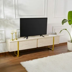 Meuble TV avec rangement - effet travertin, pieds dorés JENA