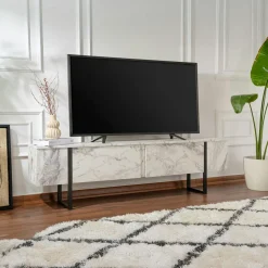 Meuble TV avec rangement - effet travertin, pieds dorés JENA
