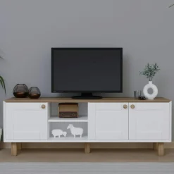 Meuble TV blanc, 3 portes à cadre et 2 niches VAREN