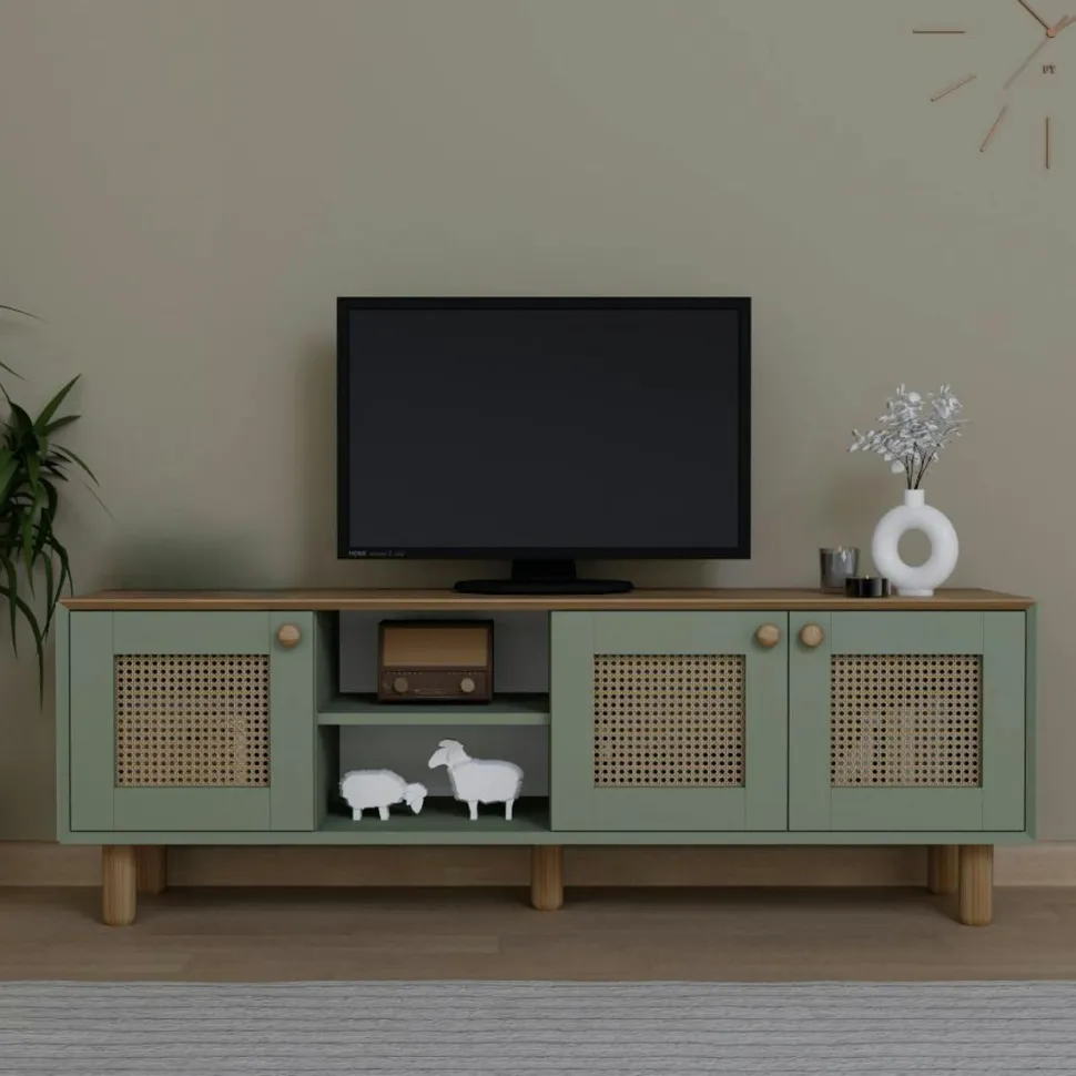 Meuble TV blanc, 3 portes à cadre et 2 niches VAREN