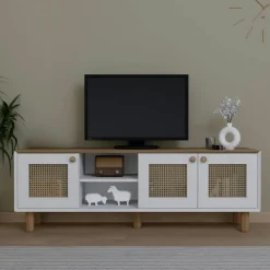 Meuble TV blanc, 3 portes à cadre et 2 niches VAREN