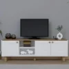 Meuble TV blanc, 3 portes à cadre plateau effet chêne VAREN