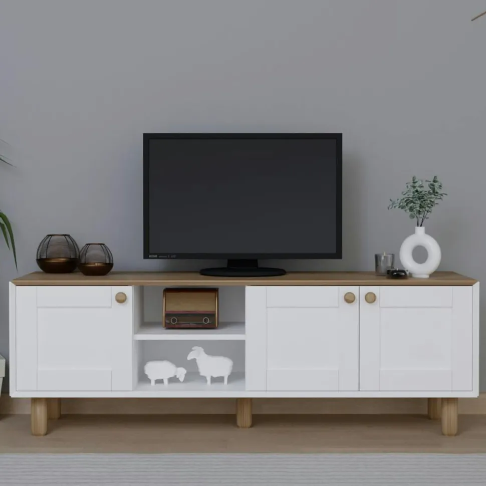 Meuble TV blanc, 3 portes à cadre plateau effet chêne VAREN