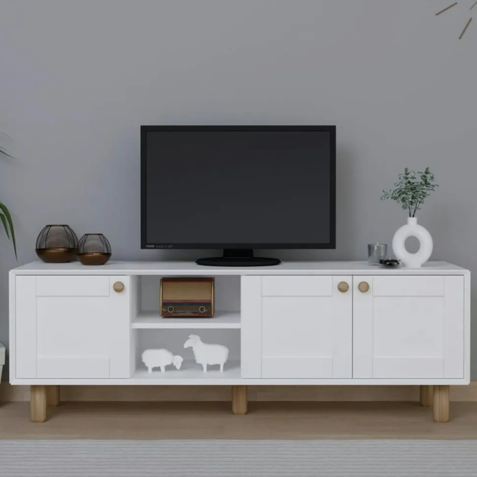 Meuble TV blanc, 3 portes à cadre plateau effet chêne VAREN