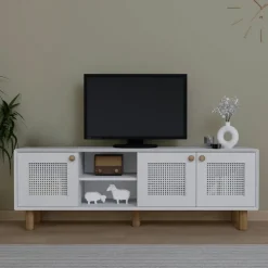 Meuble TV blanc avec cannage, 3 portes VAREN