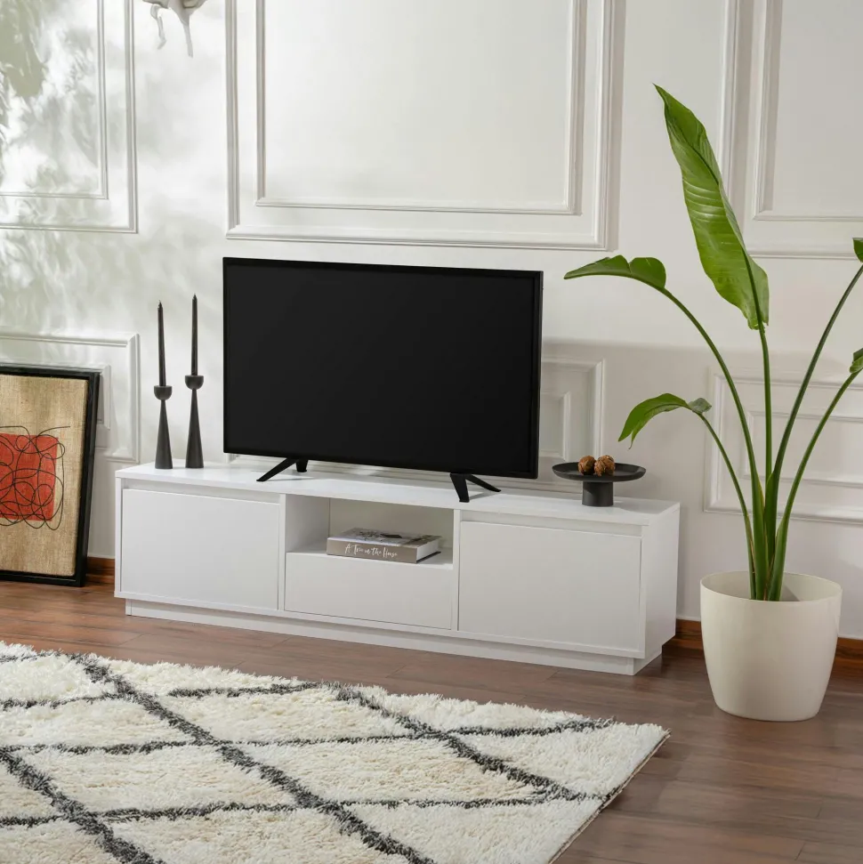 Meuble TV blanc avec rangement - effet laque MARFA