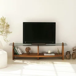Meuble TV bois brun et verre fumé - 2 niches, vintage ANZIO