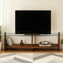 Meuble TV bois brun et verre fumé - 2 niches, vintage ANZIO