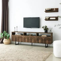 Meuble TV bois brun motif arches avec 2 étagères JACA