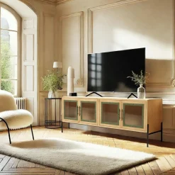 Meuble TV bois clair 4 portes vitrées contour vert BAGAN