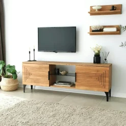 Meuble TV bois clair sculpté - 2 étagères assorties LECCE