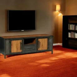 Meuble tv bois recyclé teck métal vieilli CLEVELAND