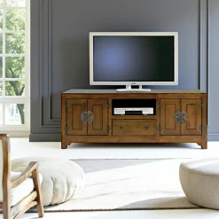 Meuble TV chinois asiatique 4 portes 1 tiroir hévéa 160cm MAORI