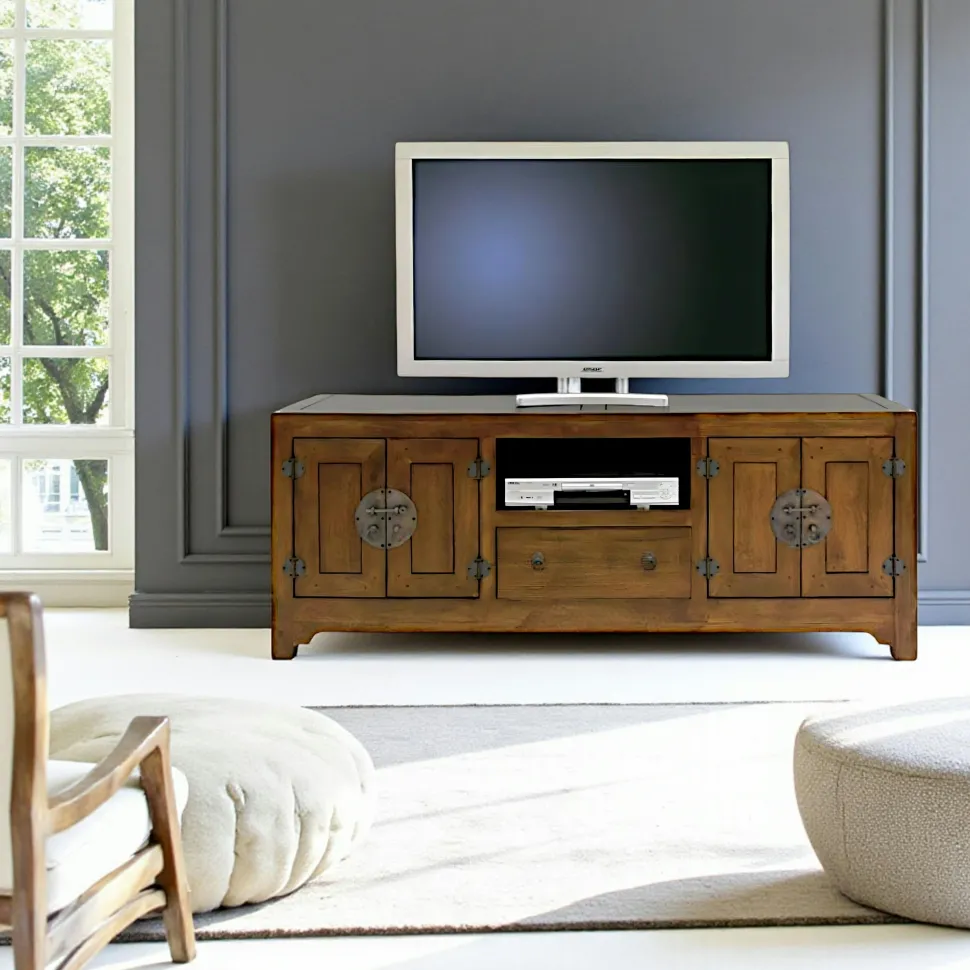 Meuble TV chinois asiatique 4 portes 1 tiroir hévéa 160cm MAORI