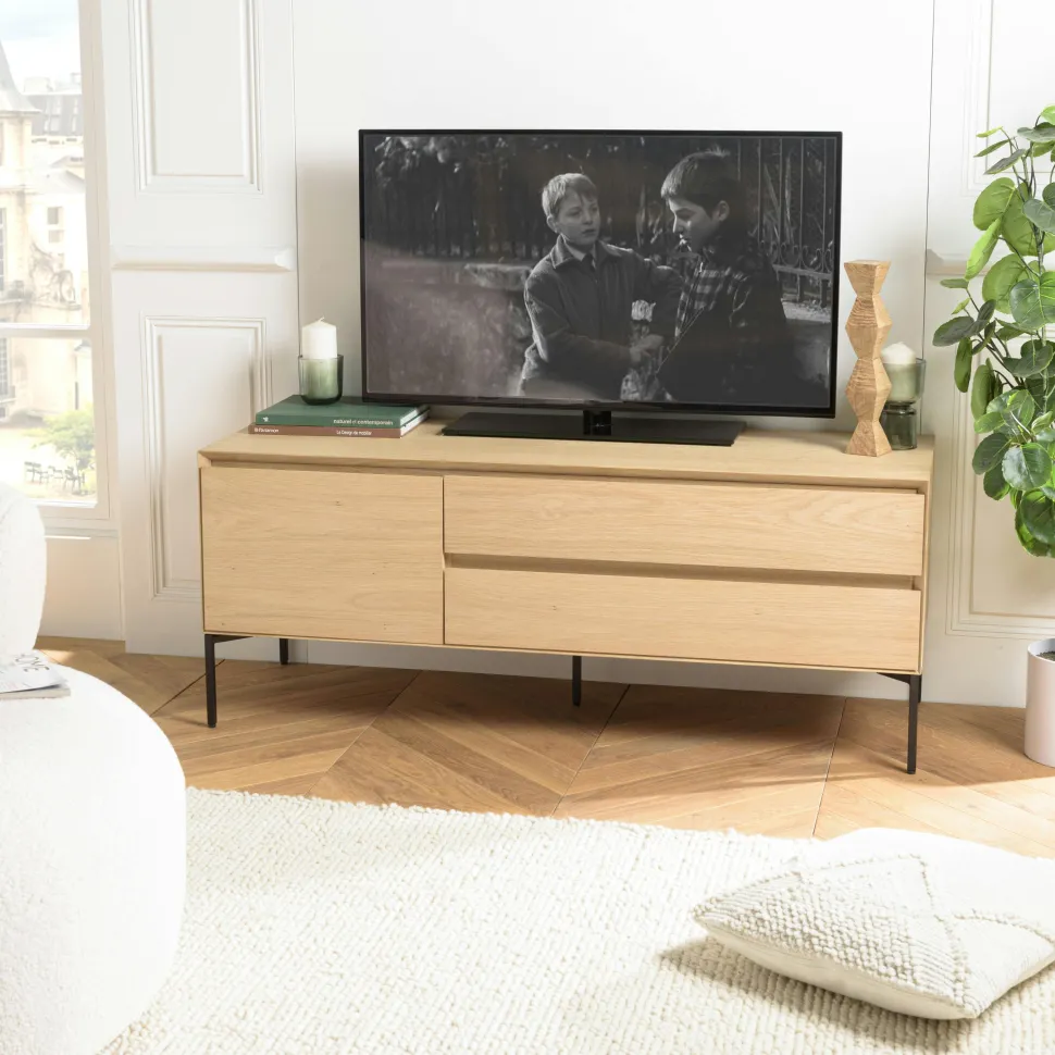 Meuble TV contemporain bois couleur naturelle 1 porte 2 tiroirs MAYENCE
