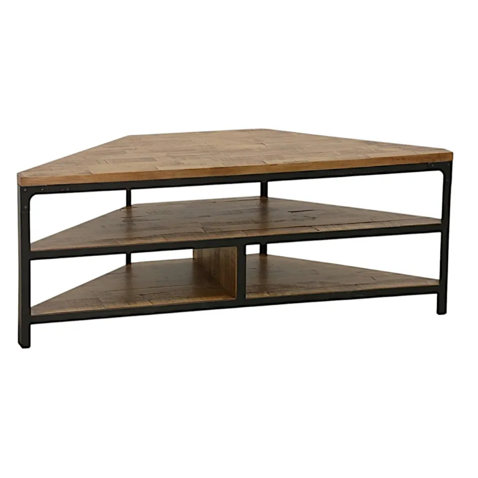 Meuble TV d'angle 3 étages ouverts en Hévéa recyclé naturel et métal 120x46x46cm LOFT