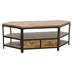 Meuble TV d'angle 2 tiroirs, 3 niches ouvertes dont une grande en Hévéa recyclé naturel et métal 134x50x50cm LOFT