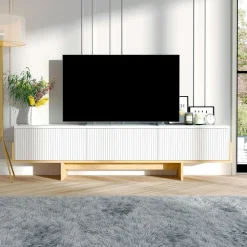 Meuble TV design 3 portes striées effet noyer cadre noir MARFA