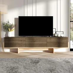Meuble TV design 3 portes striées effet bois foncé cadre clair MARFA