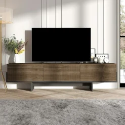 Meuble TV design 3 portes striées effet bois foncé cadre clair MARFA