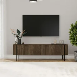 Meuble TV design effet bois foncé pieds noirs baguette JENA
