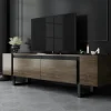 Meuble TV design effet noyer pieds cadres noirs JENA