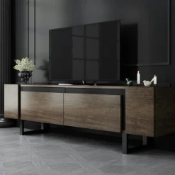 Meuble TV design effet noyer pieds cadres noirs JENA