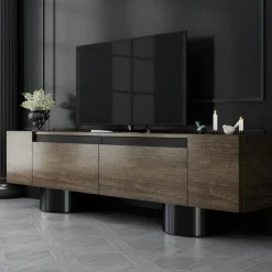Meuble TV design effet noyer pieds cylindres noirs JENA