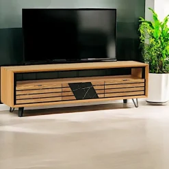 Meuble tv design en bois de chêne finition miel, 3 tiroirs ESSEN