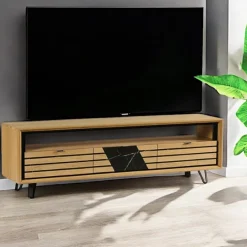 Meuble tv design en bois de chêne finition miel, 3 tiroirs ESSEN