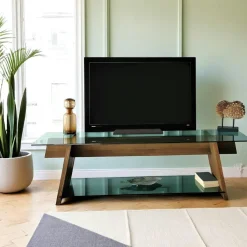 Meuble TV en bois brun et verre lagon - forme trapèze LHASA