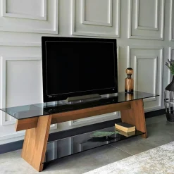 Meuble TV en bois brun et verre lagon - forme trapèze LHASA