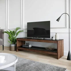 Meuble TV en bois brun et verre fumé - LHASA