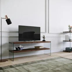 Meuble TV en bois brun et verre - 2 niveaux LHASA