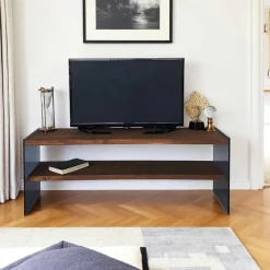 Meuble TV en bois marron et verre fumé - 2 niveaux LHASA