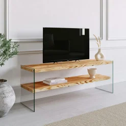Meuble TV en bois marron et verre fumé - 2 niveaux LHASA