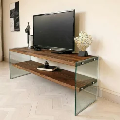 Meuble TV en bois marron et verre - 2 niveaux LHASA