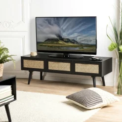 Meuble TV en bois noir avec cannage PALMA 2
